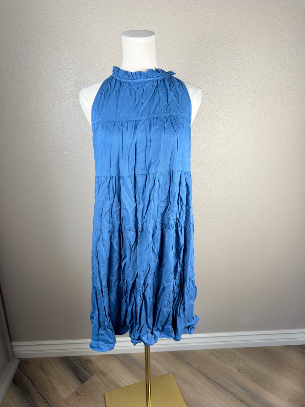 NWT Ruffled High-Neck Tiered Mini Dress in Blue Boho, Medium - Picture 6 of 7
